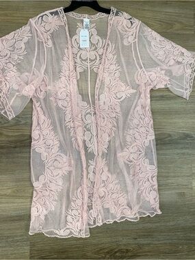 Time and Tru Sheer Blush Pink Floral Lace Kimono Coverup